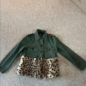 Women's Green Utility Jacket with Leopard faux fur